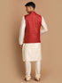 Men's Maroon Textured Nehru Jacket With Cream Kurta And Pyjama Set